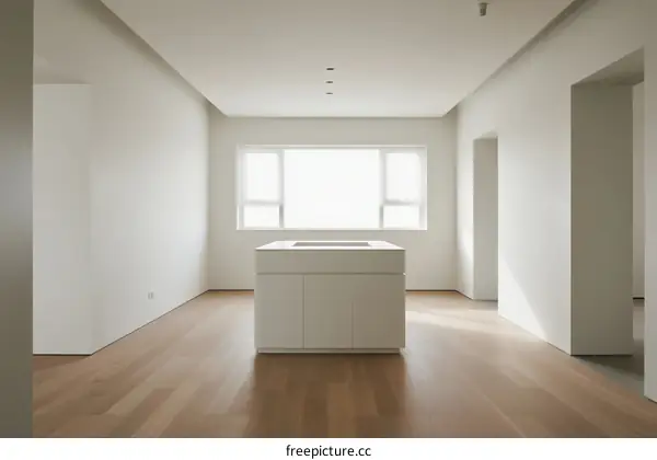 Bright and empty room with wooden floor and central island