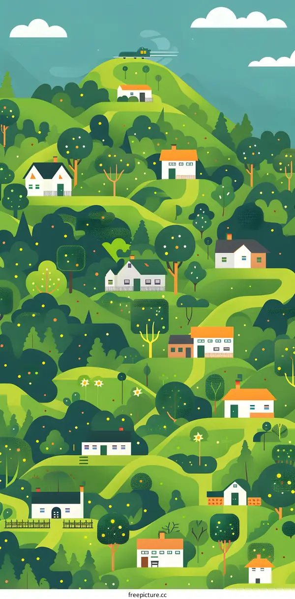Green Hills with Small Houses and Trees Illustration