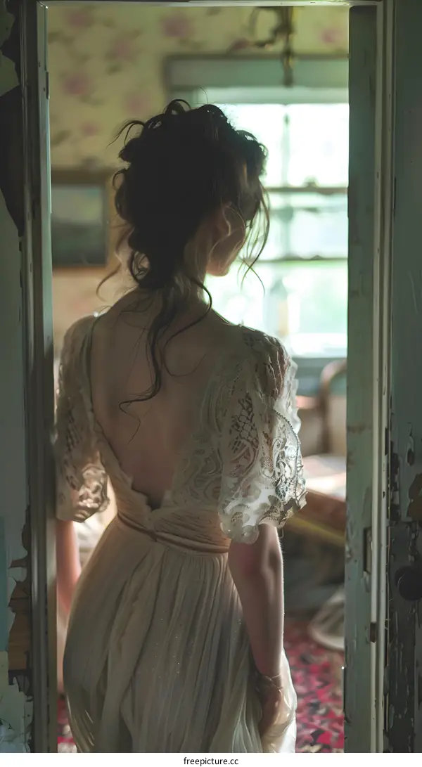 Woman in a white dress standing in a doorway