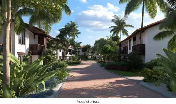 Tropical Resort Village with Palm Trees and White Houses