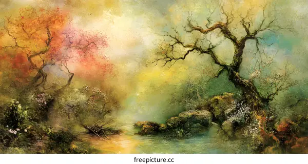Watercolor Painting of a Dreamlike Forest Landscape with a River and Trees