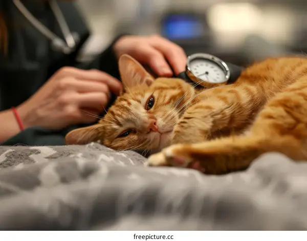 Close up of a ginger cat having its blood pressure taken by a veterinarian
