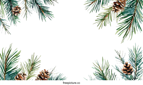 [Transparent Background PNG]Watercolor Christmas Pine Branches and Cones Border