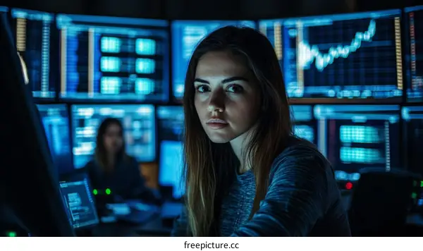 Focused Woman in a Tech Control Room