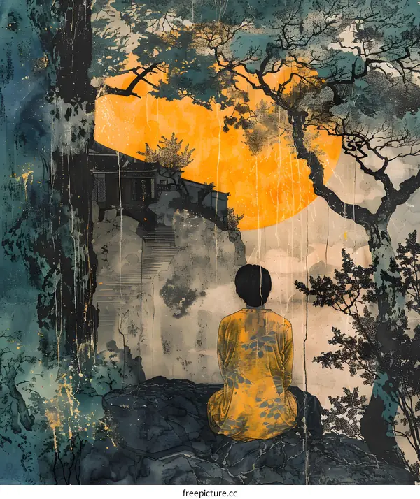 Woman Sitting On Mountaintop Looking At Full Moon