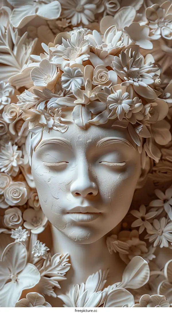 An artwork with a woman's face and flowers