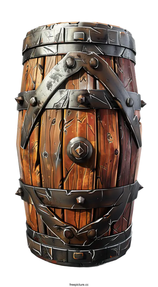 [Transparent Background PNG]A wooden barrel with metal hoops and a diamond-shaped emblem on the front