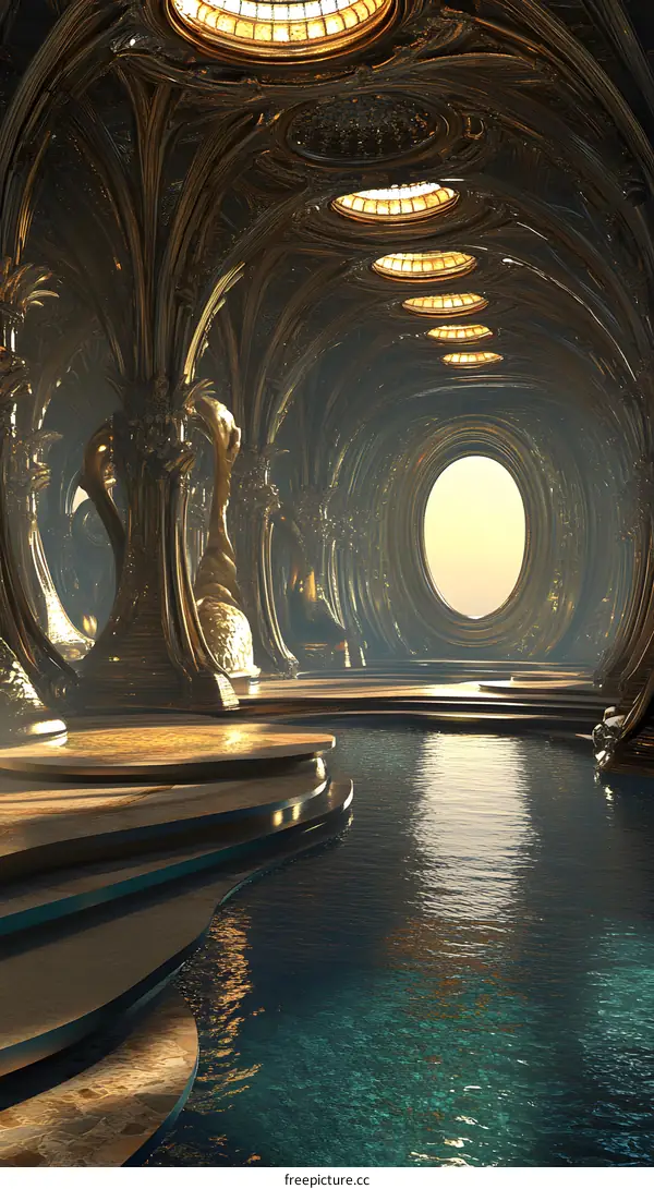 Golden Architectural Hallway with Water Feature and Round Window