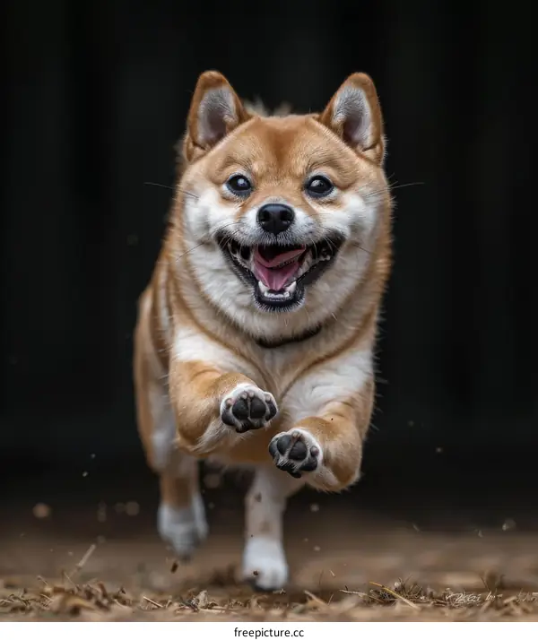 A happy Shiba Inu dog running in mid-stride