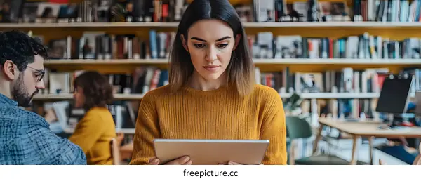 Young Woman Using Tablet In Library With Bookshelves In Background