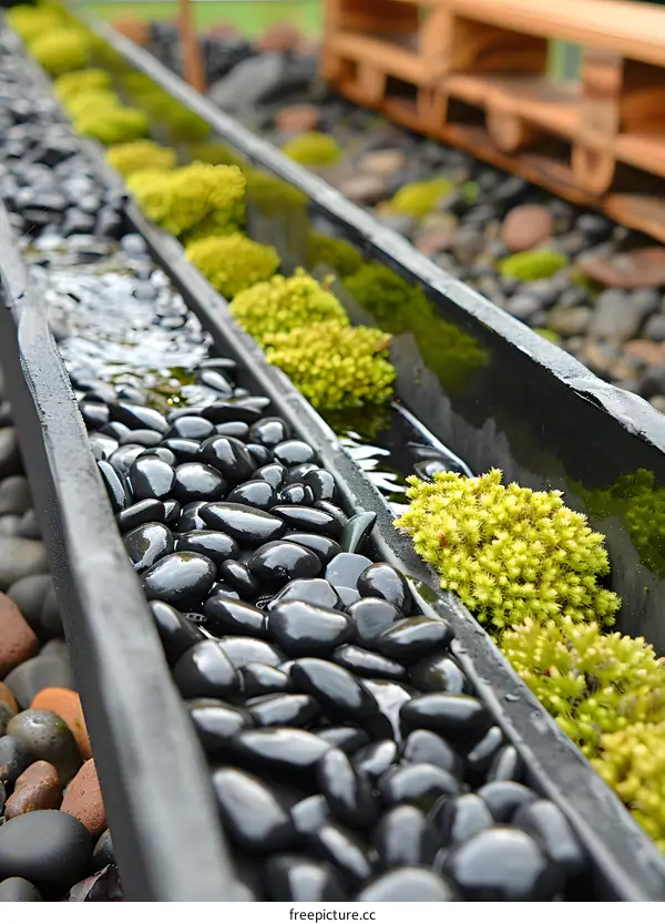 Black Stones and Green Moss Water Feature
