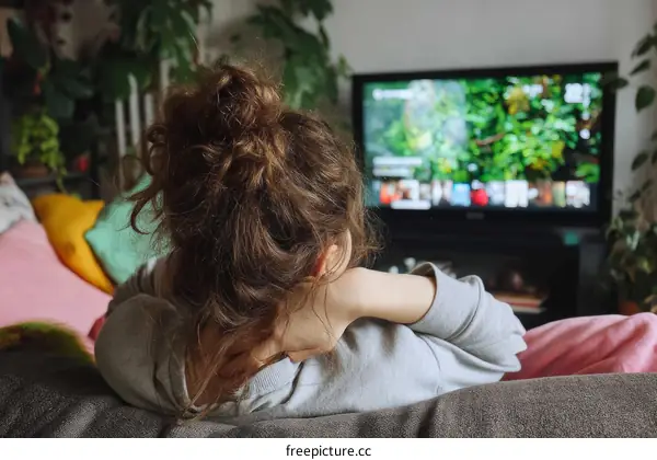 Woman Watching TV at Home Relaxation
