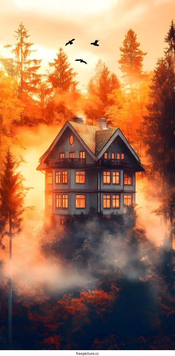 Mystical Forest House with Golden Sunset