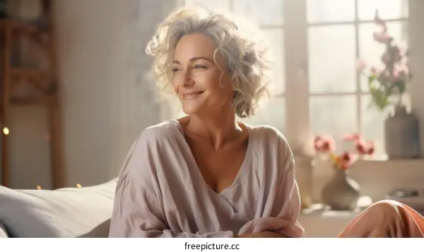 Portrait of a smiling middle-aged woman with blonde hair sitting on a couch and looking away from the camera