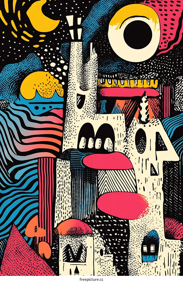 Abstract Colorful Cityscape Illustration with Geometric Shapes and Patterns