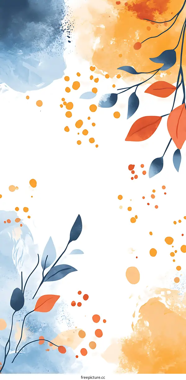 Abstract Watercolor Background With Blue and Orange Leaves