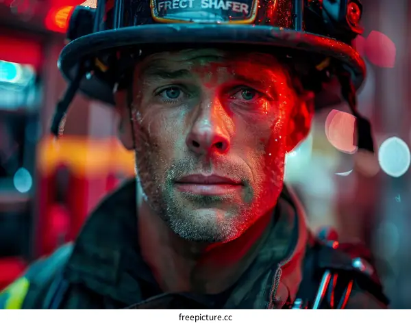 Firefighter in protective gear with water droplets on his face