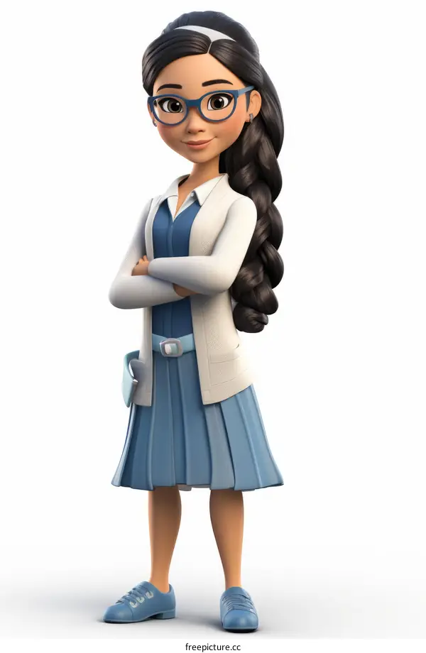 A cartoon image of a young female scientist