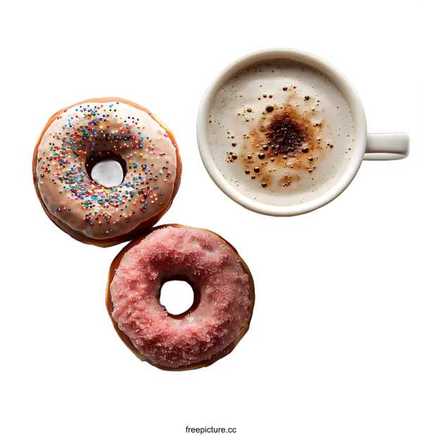 [Transparent Background PNG]Two donuts and a cup of coffee on a white background