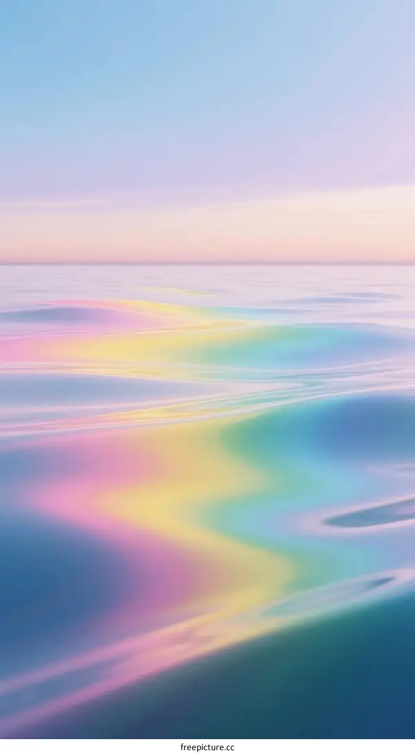 A serene ocean surface reflecting vibrant rainbow colors at dawn