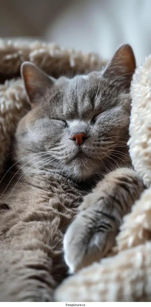 A gray cat is sleeping on a blanket