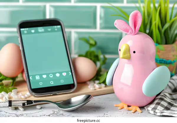 Easter Egg Decoration With Pink Bird And Phone