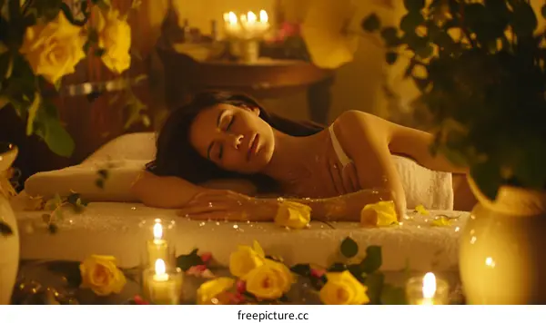 Brunette woman lying on a massage table covered with yellow roses