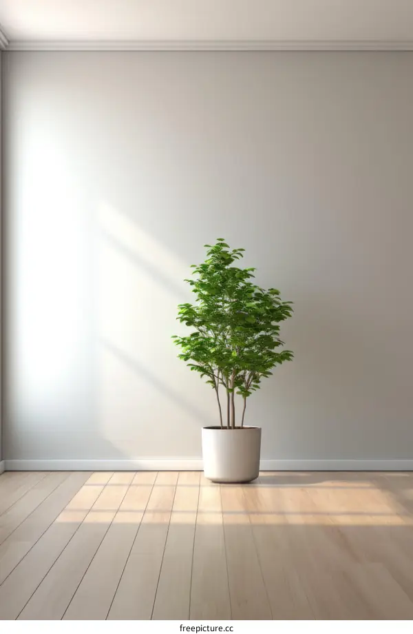 Potted Plant in Empty Room With Sunlight