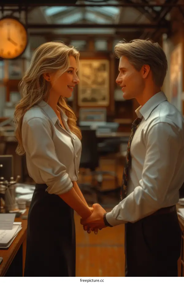 A man and a woman standing in an office, looking at each other and holding hands