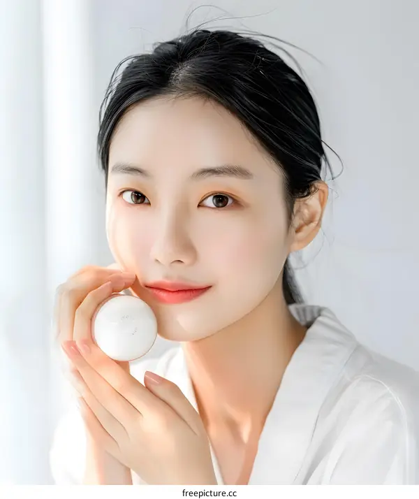 Beautiful Asian Woman Applying Cream on Her Face