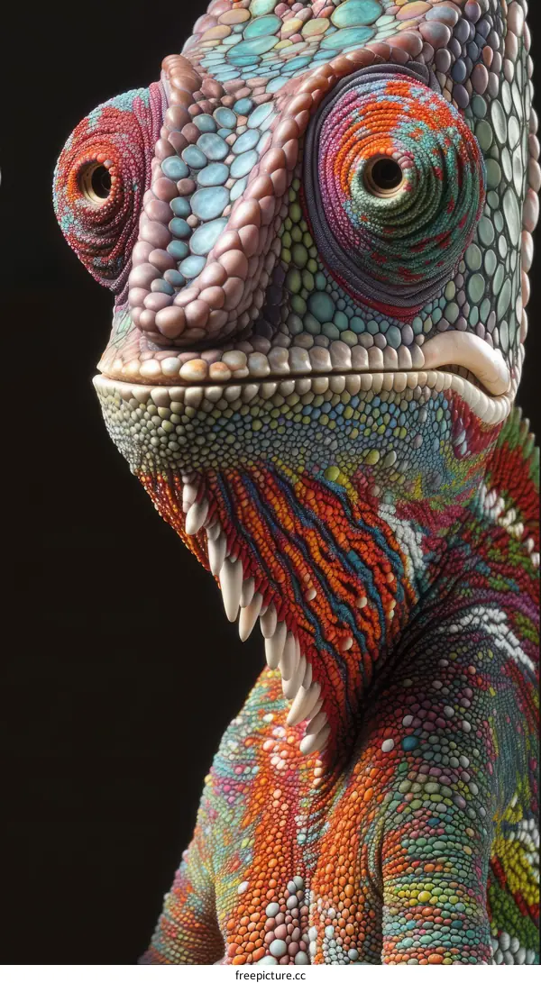 A 3D rendering of a multi-colored chameleon
