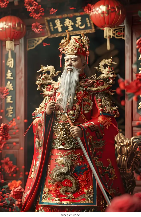 Chinese Ancient Emperor in Red Robe and Golden Crown