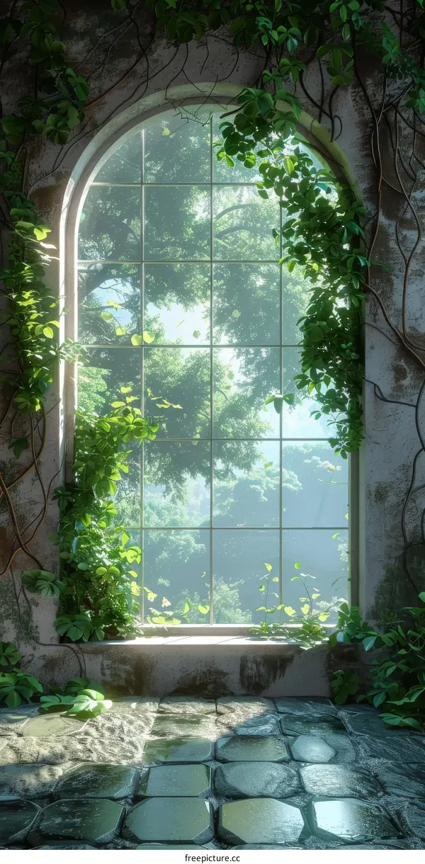 Rustic Arch Window with Lush Greenery