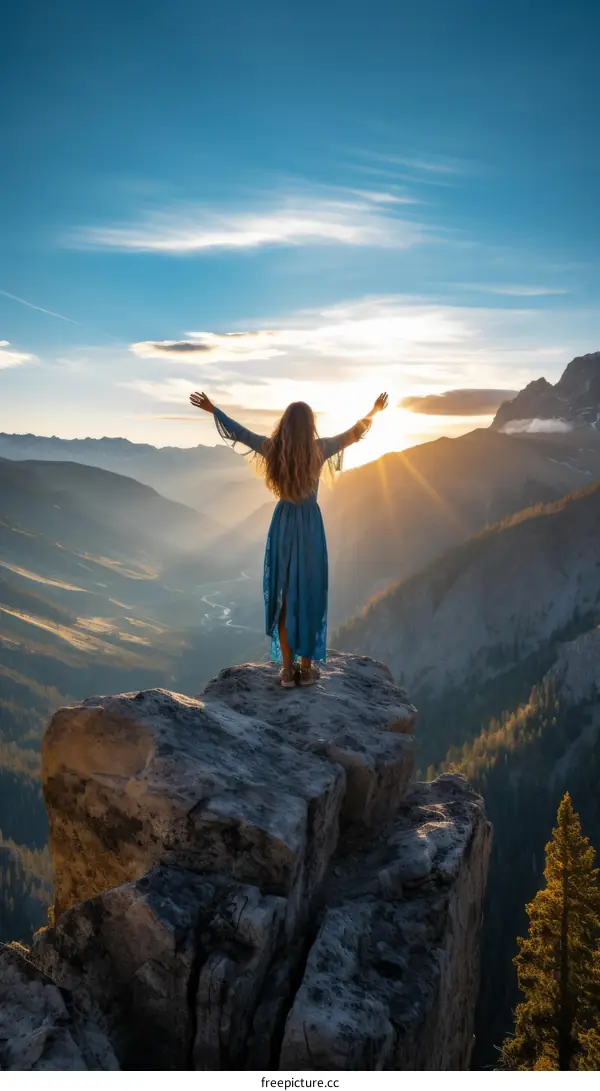 carefree woman standing on a cliff with arms outstretched enjoying the sunset over a mountain landscape