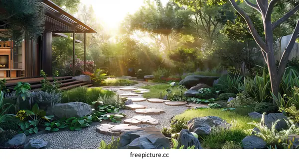 Zen Japanese Garden with Stepping Stones and Trees