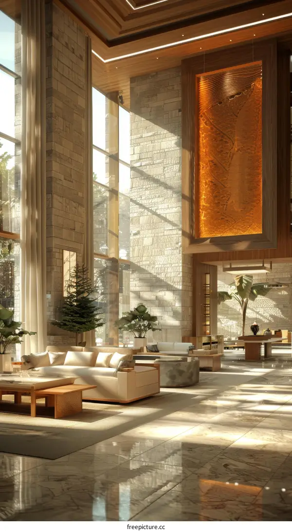 Modern hotel lobby interior with stone walls and large windows