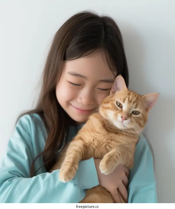 Asian girl hugging an orange cat