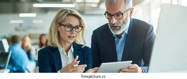 Two Business People Looking at Tablet in Meeting
