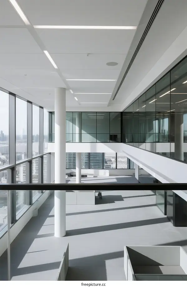 Modern office interior with large windows and open spaces