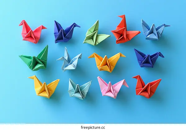 Colorful Origami Cranes on a Blue Background