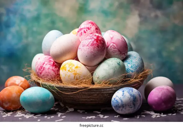 A basket full of colorful Easter eggs