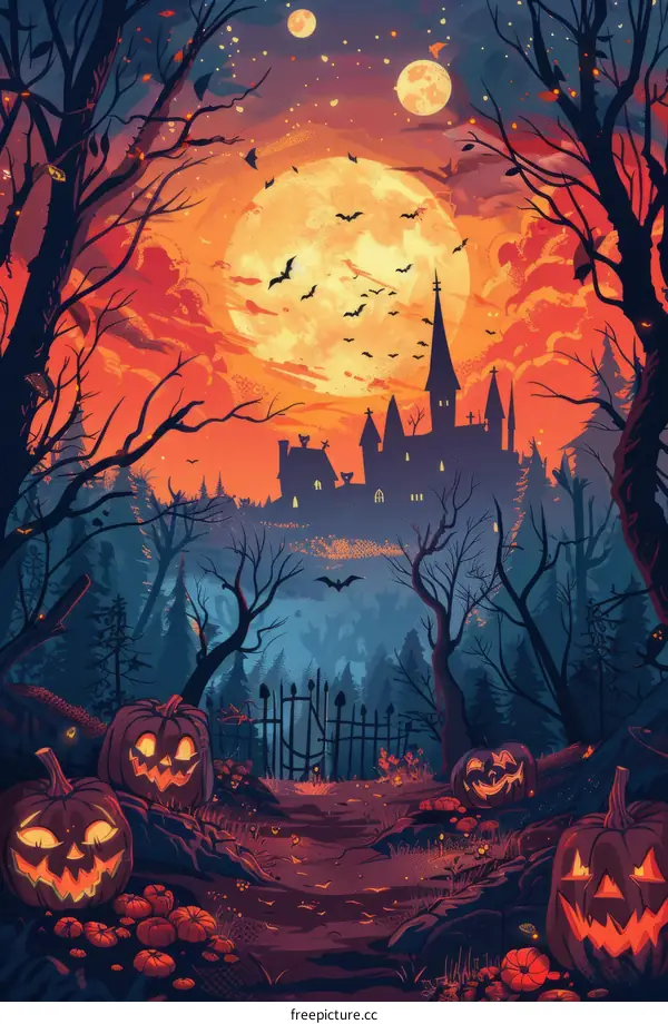 Spooky Halloween night scene with haunted castle and creepy pumpkins