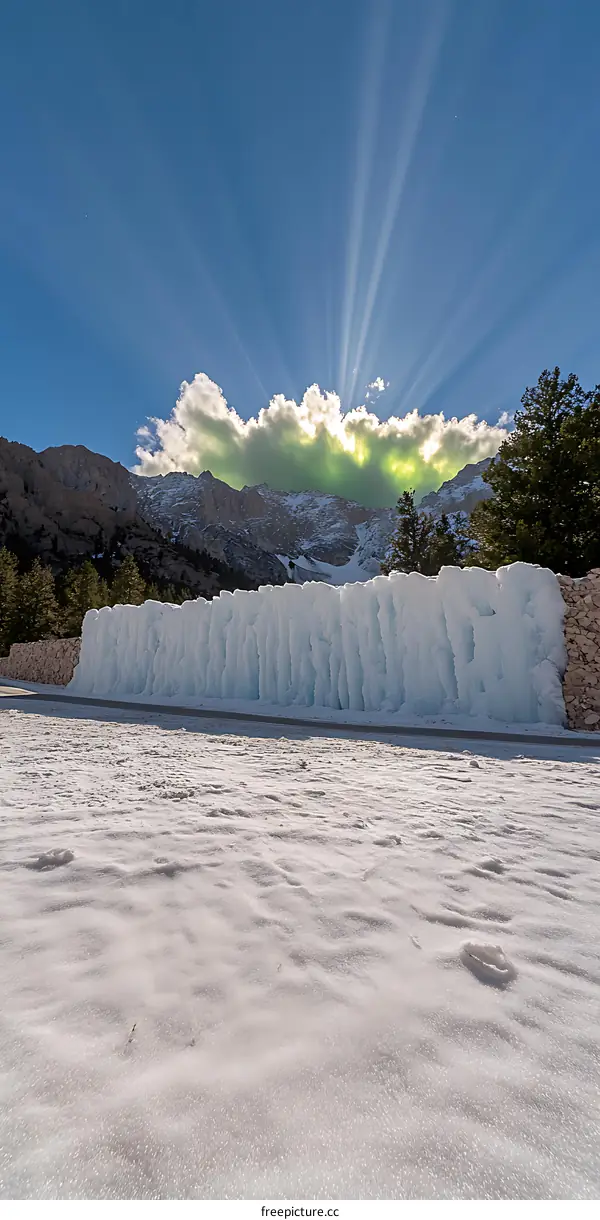 Frozen Waterfall in Winter Mountain Landscape with Sun Rays