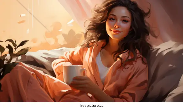 A Portrait of a Beautiful Young Woman Sitting on a Couch and Holding a Coffee Mug