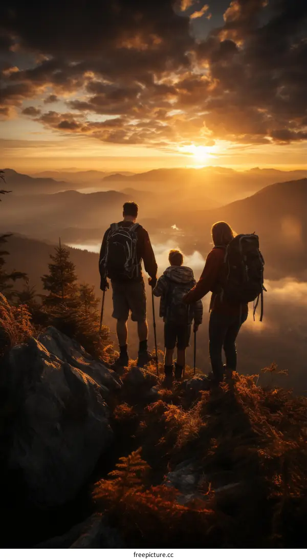 Family standing on a mountaintop watching the sunset