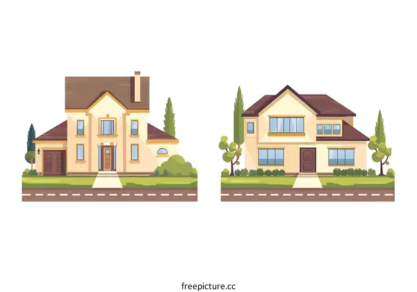 Two Houses With Brown Roofs And White Walls