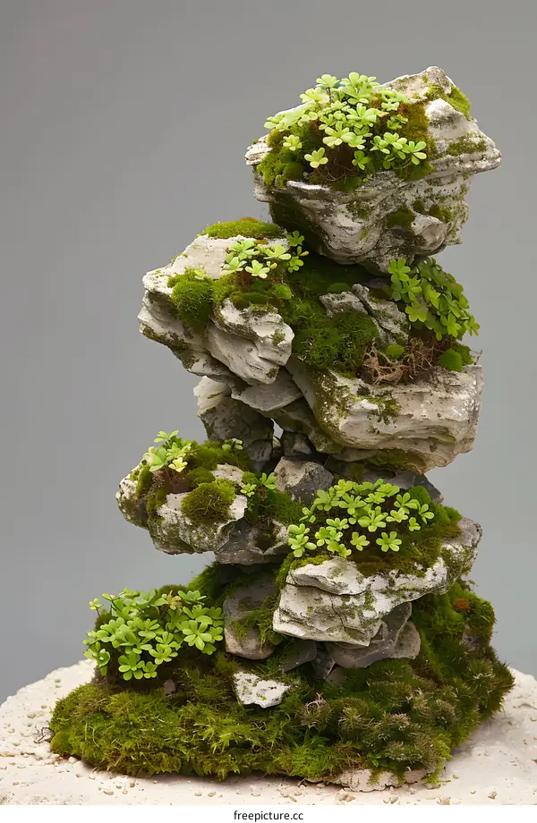 Stacked Stone with Moss and Plants