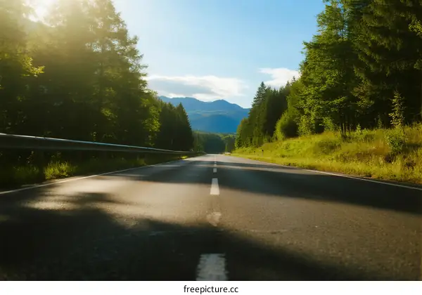 Sunlit road through lush green forest with mountain view