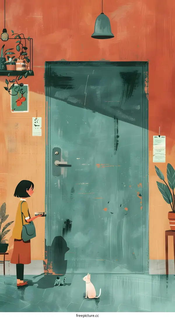 A Girl Arriving Home with a Package  by the Door