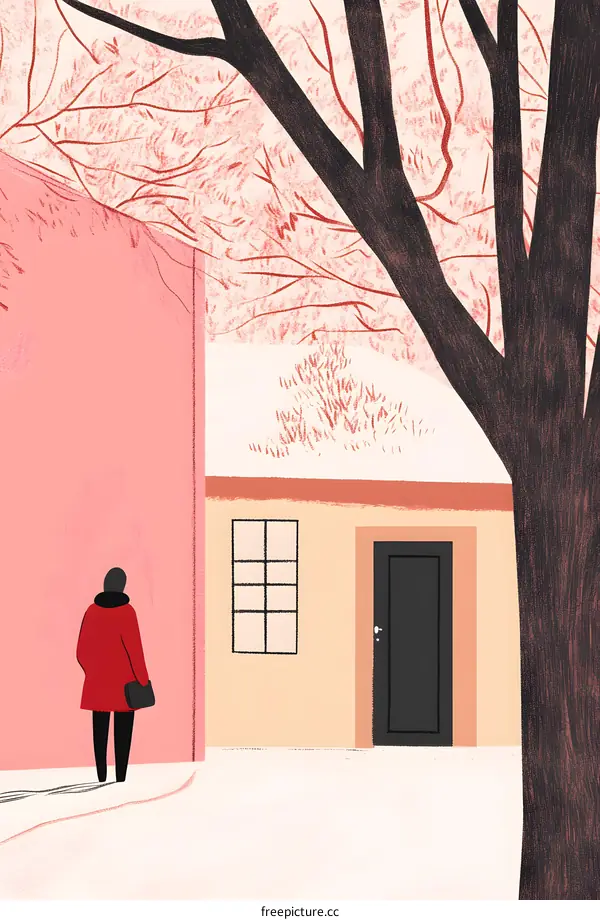 Woman in Red Coat Walking Away From Building with a Tree